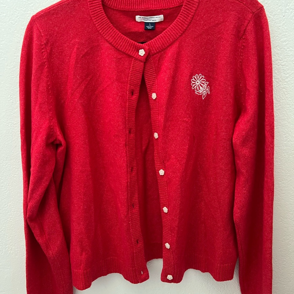 American Eagle Outfitters Red Cardigan with Floral Embroidery